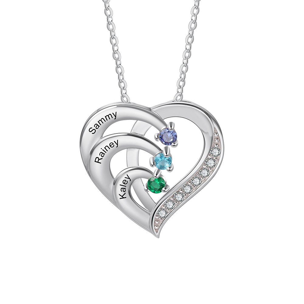 Personalised Heart Necklace with Custom 3 Names & 3 Birthstones - Women's Pendant Christmas Gift for Mum/Nan | Jessemade