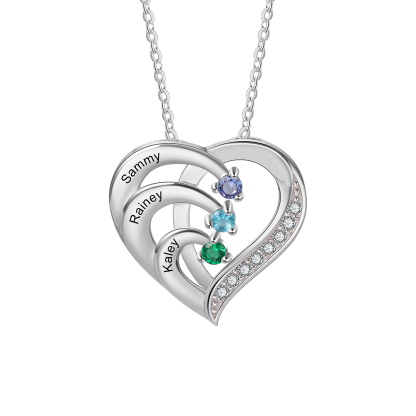 Personalised Heart Necklace with Custom 3 Names & 3 Birthstones - Women's Pendant Christmas Gift for Mum/Nan | Jessemade