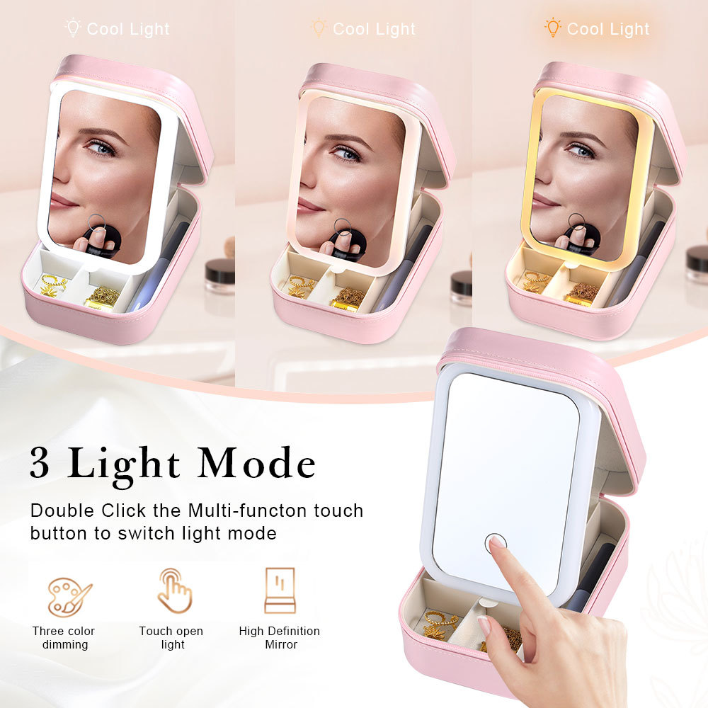 Personalized Birth Flower Portable Leather Jewelry Box with Name and LED Three Color Adjustable Makeup Mirror Travel Essential | Jessemade
