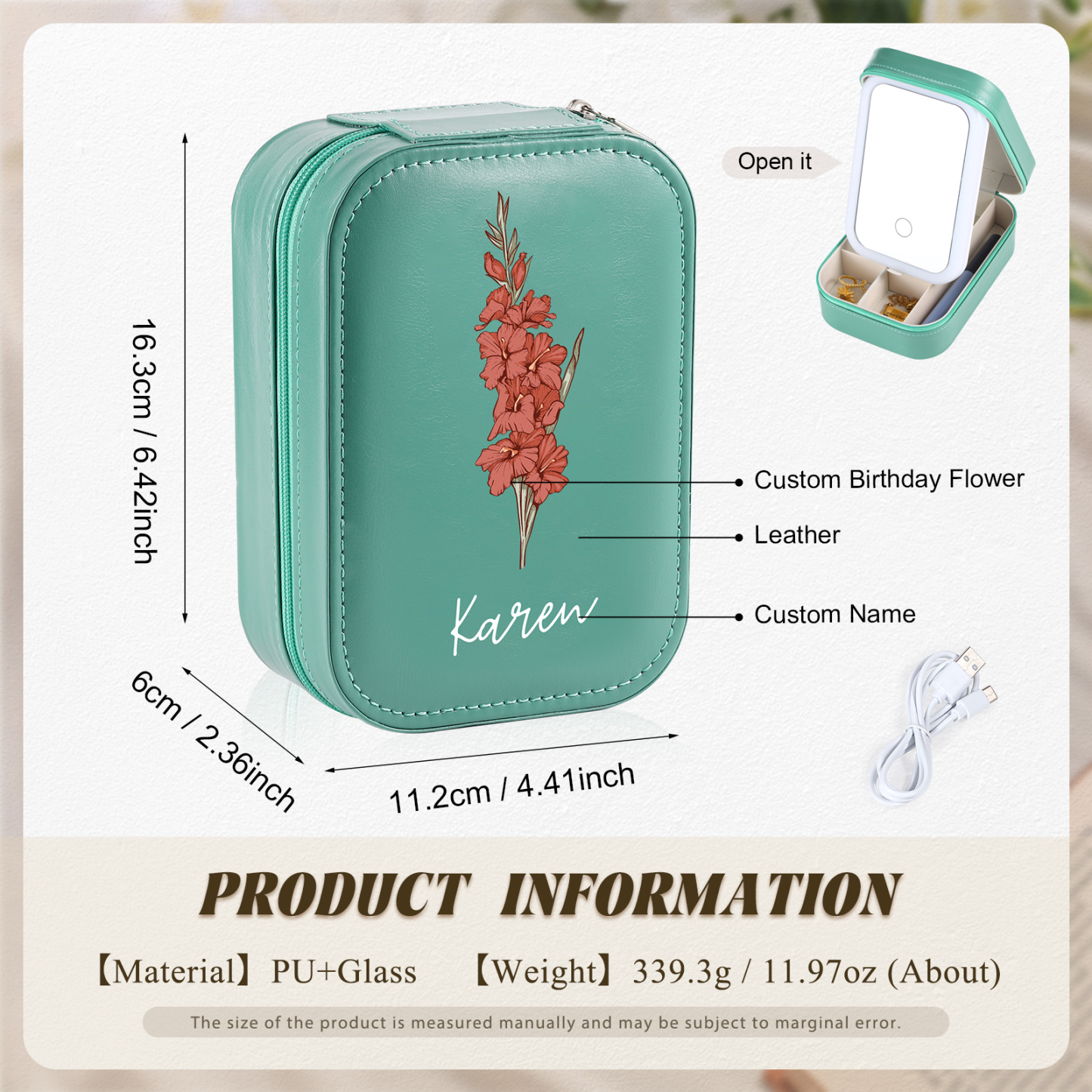 Personalized Birth Flower Portable Leather Jewelry Box with Name and LED Three Color Adjustable Makeup Mirror Travel Essential | Jessemade