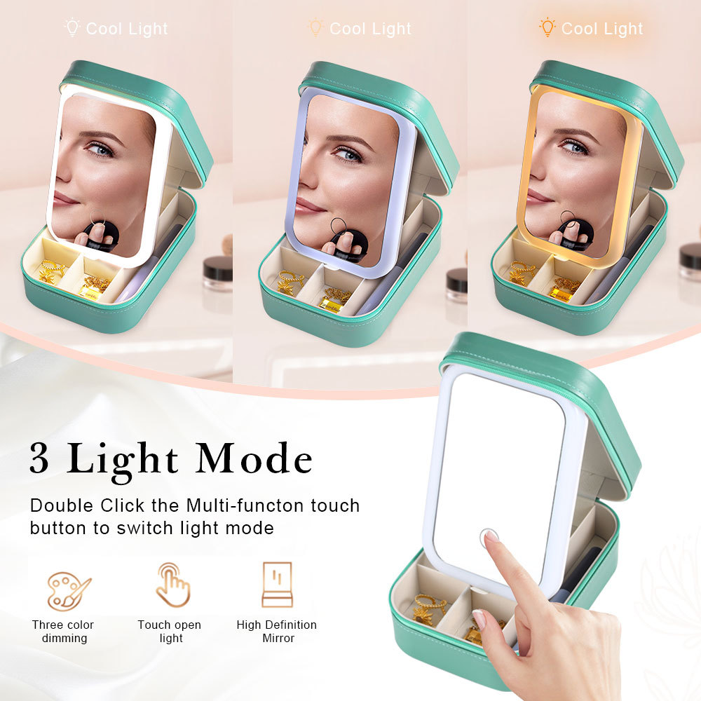Personalized Birth Flower Portable Leather Jewelry Box with Name and LED Three Color Adjustable Makeup Mirror Travel Essential | Jessemade