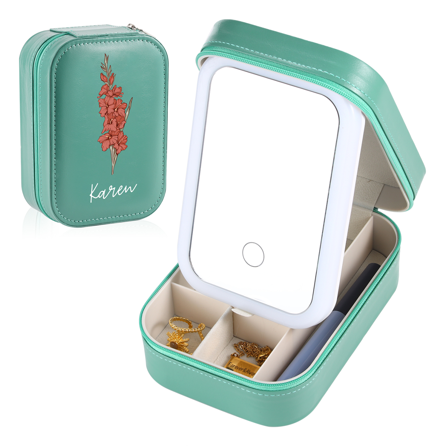 Personalized Birth Flower Portable Leather Jewelry Box with Name and LED Three Color Adjustable Makeup Mirror Travel Essential | Jessemade
