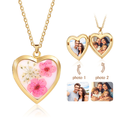 Personalised Women's Necklace – Heart-Shaped Pendant with Flowers & Custom 2 Photos – Available in Three Colors Gift for Her | Jessemade