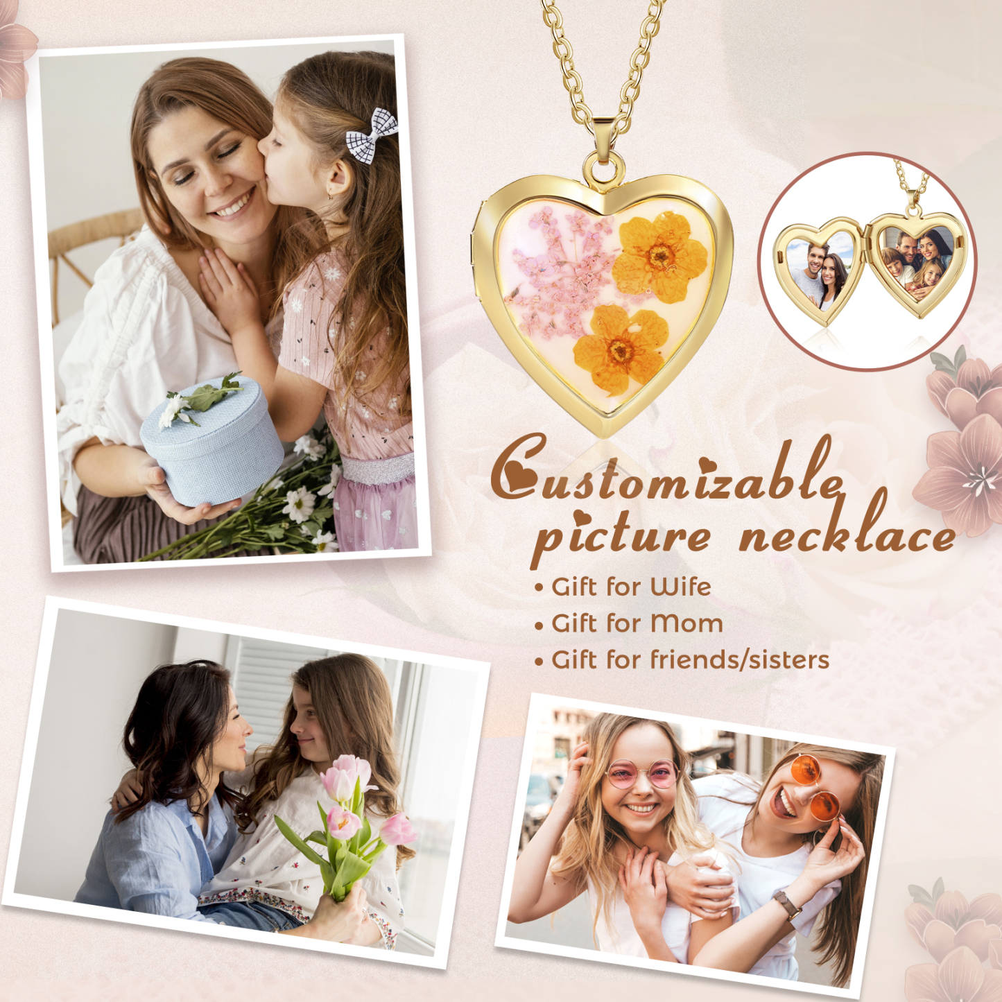 Personalised Women's Necklace – Heart-Shaped Pendant with Flowers & Custom 2 Photos – Available in Three Colors Gift for Her | Jessemade