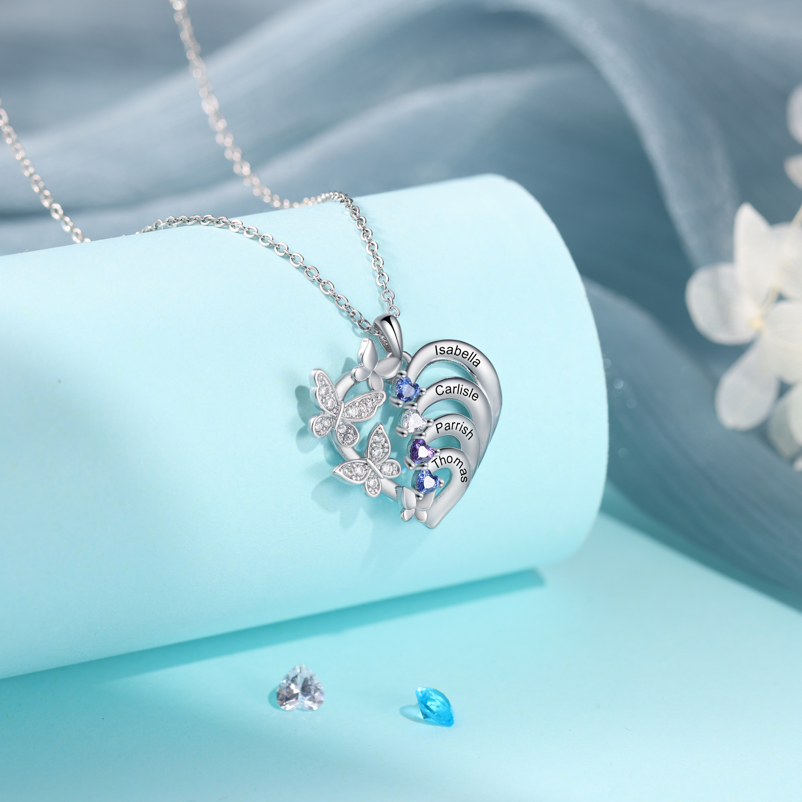 Personalized Butterfly Necklace – Personalized with 4 Birthstones and 4 Names - Gift for Mom