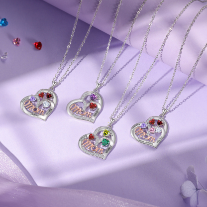 Personalized Mother’s Necklace – Custom Heart Pendant with 3 Birthstones & 3 Names – Unique Gift for Moms & Grandmas
