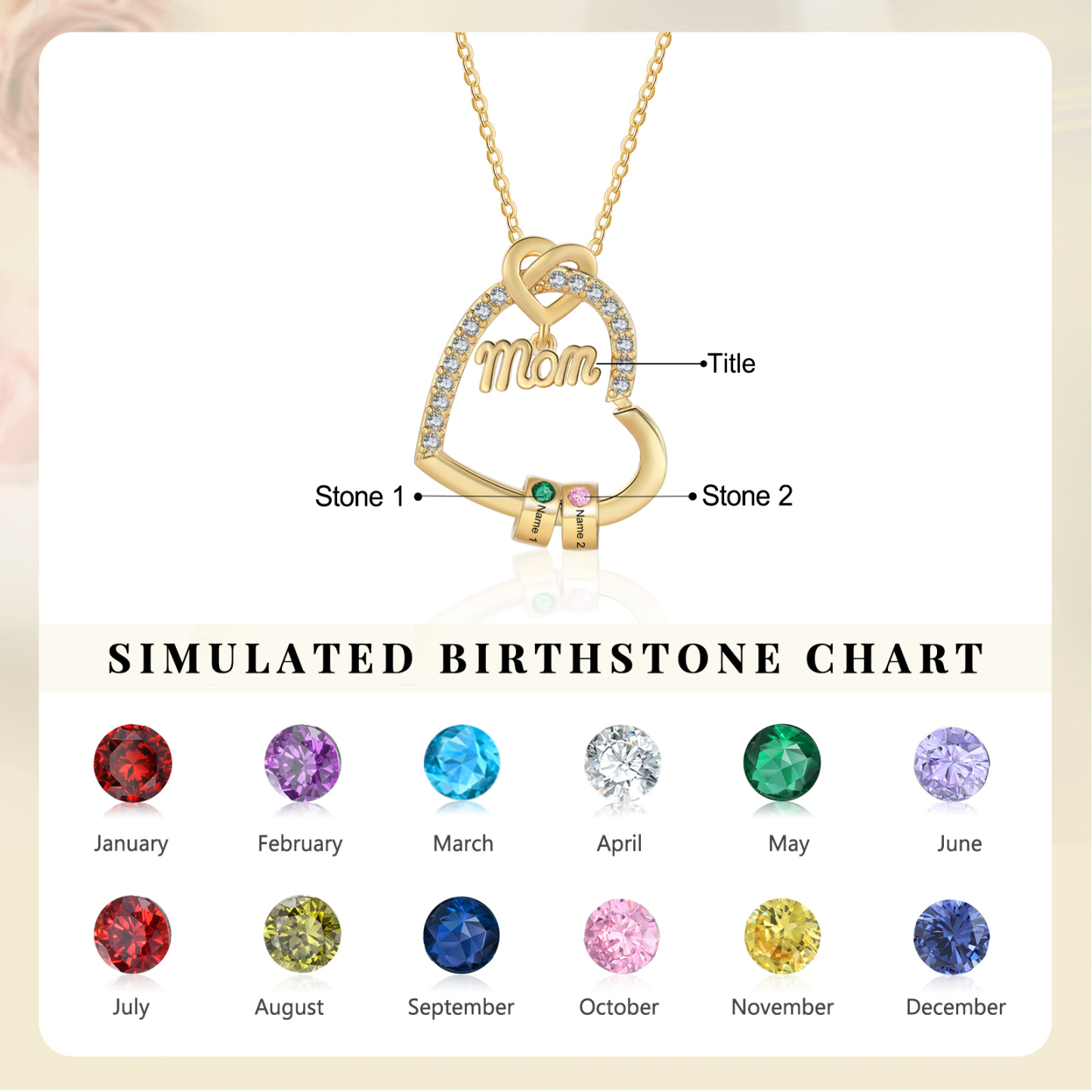 2 Names & Birthstone - Personalized Mother’s Day Necklace with Name, Title & Birthstone - Heart Pendant for Mom, Grandma - Mother's Day