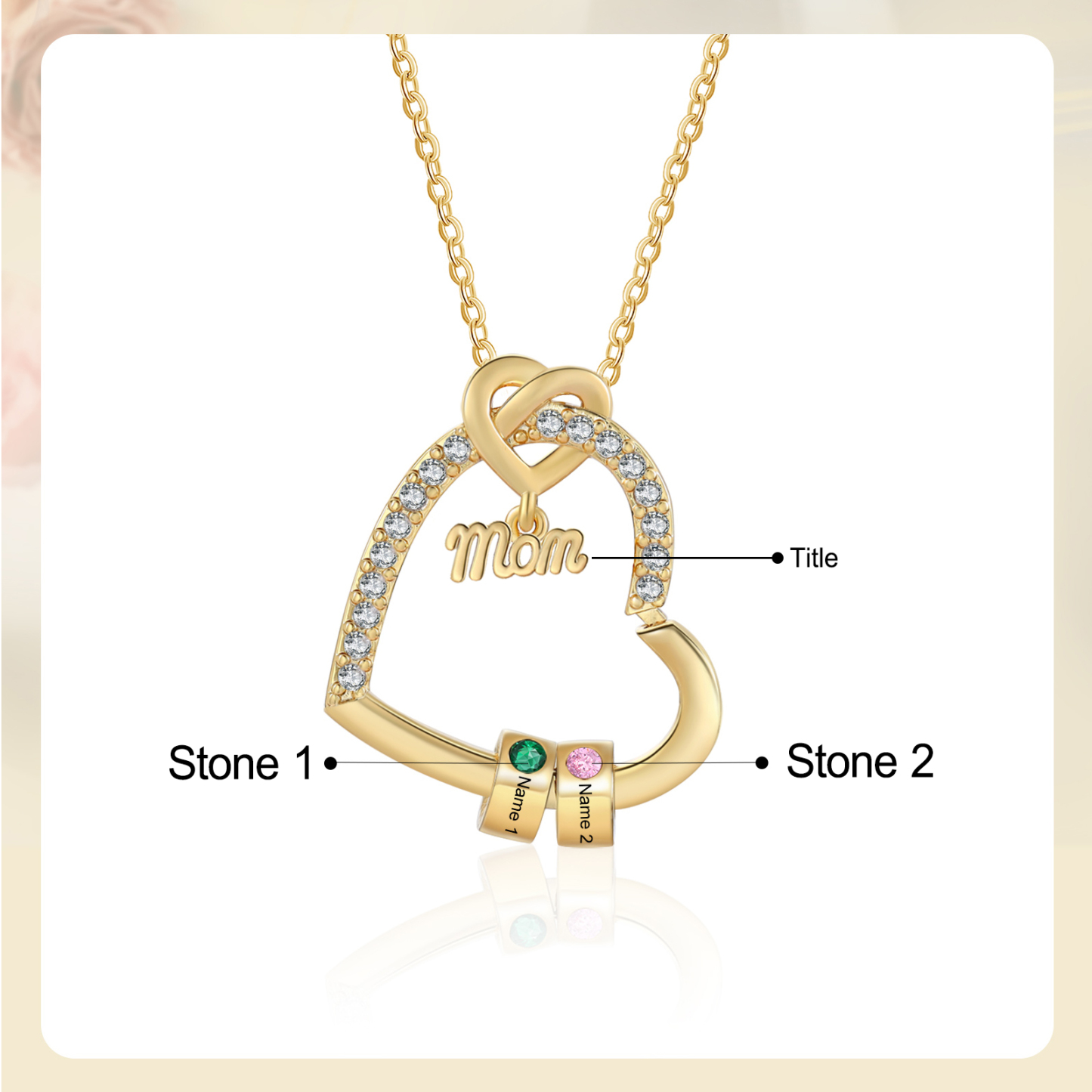 2 Names & Birthstone - Personalized Mother’s Day Necklace with Name, Title & Birthstone - Heart Pendant for Mom, Grandma - Mother's Day
