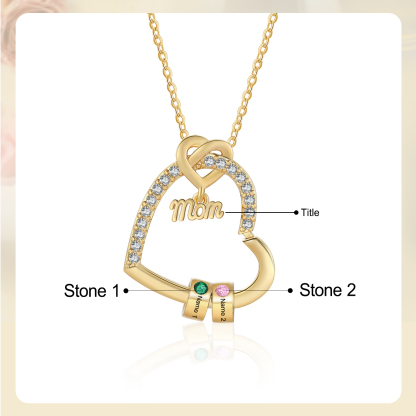 2 Names & Birthstone - Personalized Mother’s Day Necklace with Name, Title & Birthstone - Heart Pendant for Mom, Grandma - Mother's Day