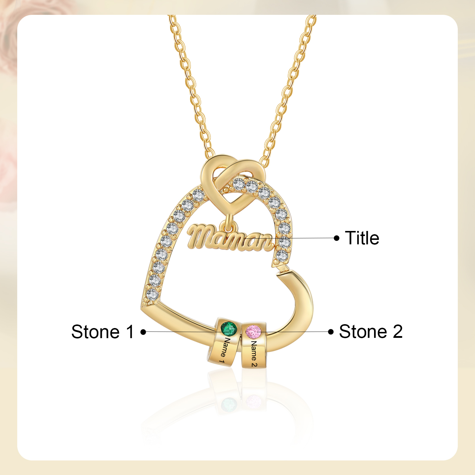 2 Names & Birthstone - Personalized Mother’s Day Necklace with Name, Title & Birthstone - Heart Pendant for Mom, Grandma - Mother's Day