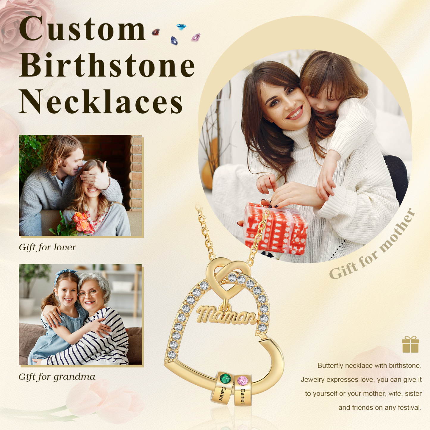 2 Names & Birthstone - Personalized Mother’s Day Necklace with Name, Title & Birthstone - Heart Pendant for Mom, Grandma - Mother's Day