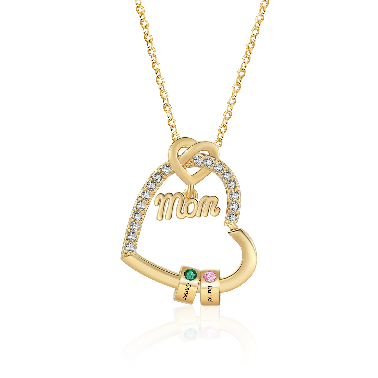 2 Names & Birthstone - Personalized Mother’s Day Necklace with Name, Title & Birthstone - Heart Pendant for Mom, Grandma - Mother's Day