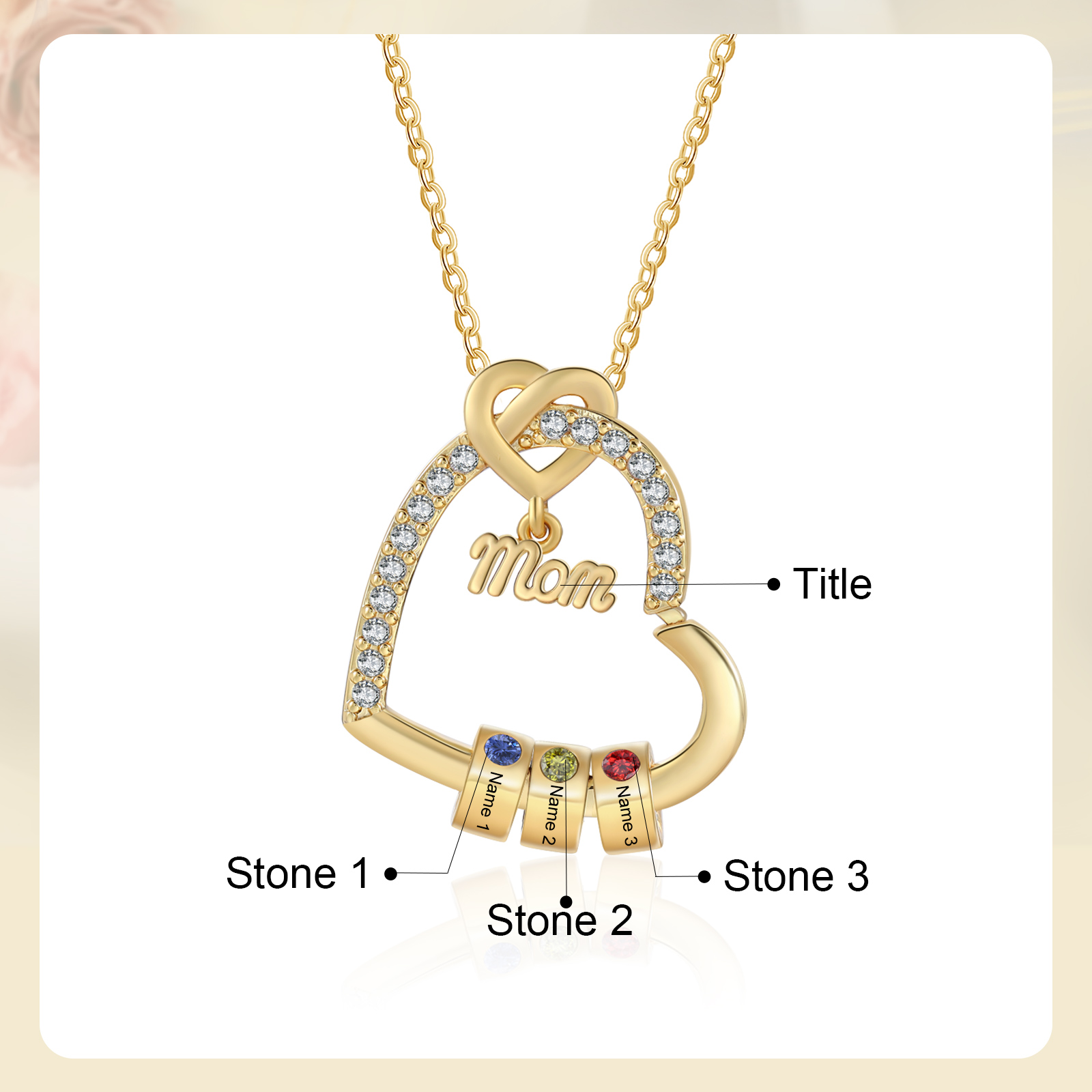 3 Names & Birthstone - Personalized Mother’s Day Necklace with Name, Title & Birthstone - Heart Pendant for Mom, Grandma - Mother's Day