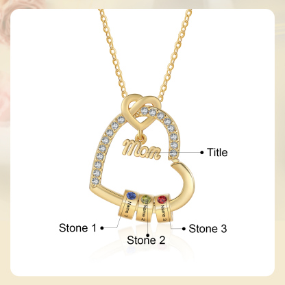 3 Names & Birthstone - Personalized Mother’s Day Necklace with Name, Title & Birthstone - Heart Pendant for Mom, Grandma - Mother's Day