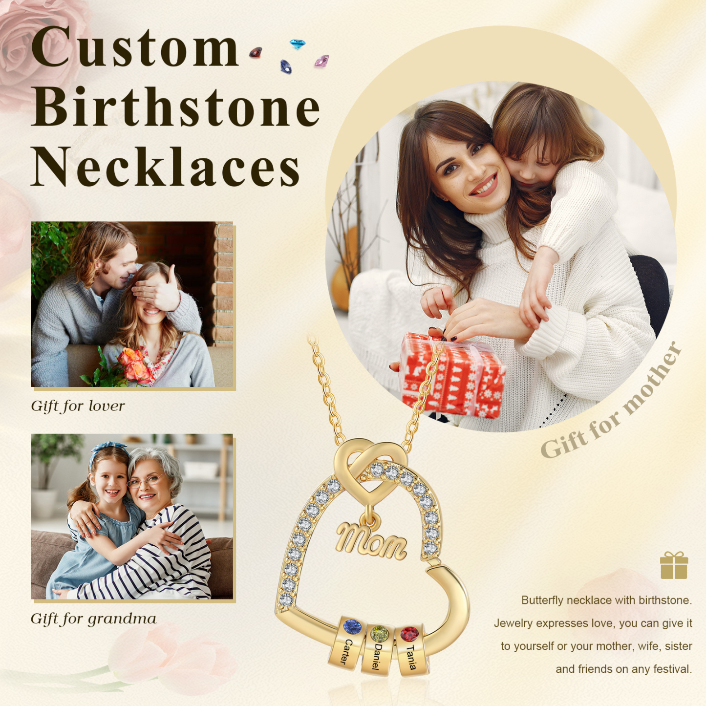 3 Names & Birthstone - Personalized Mother’s Day Necklace with Name, Title & Birthstone - Heart Pendant for Mom, Grandma - Mother's Day