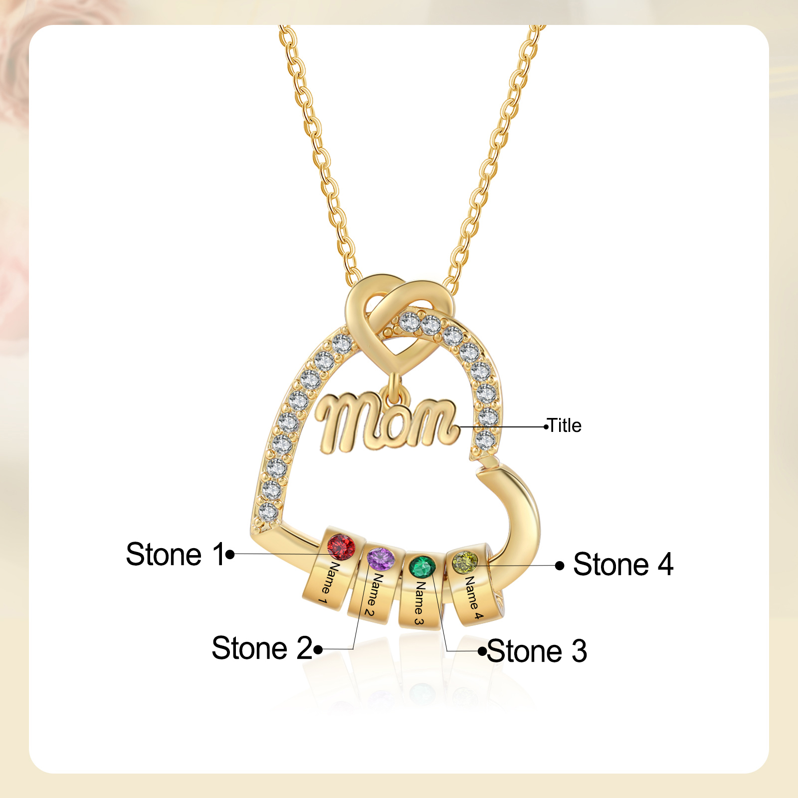 4 Names & Birthstone - Personalized Mother’s Day Necklace with Name, Title & Birthstone - Heart Pendant for Mom, Grandma - Mother's Day