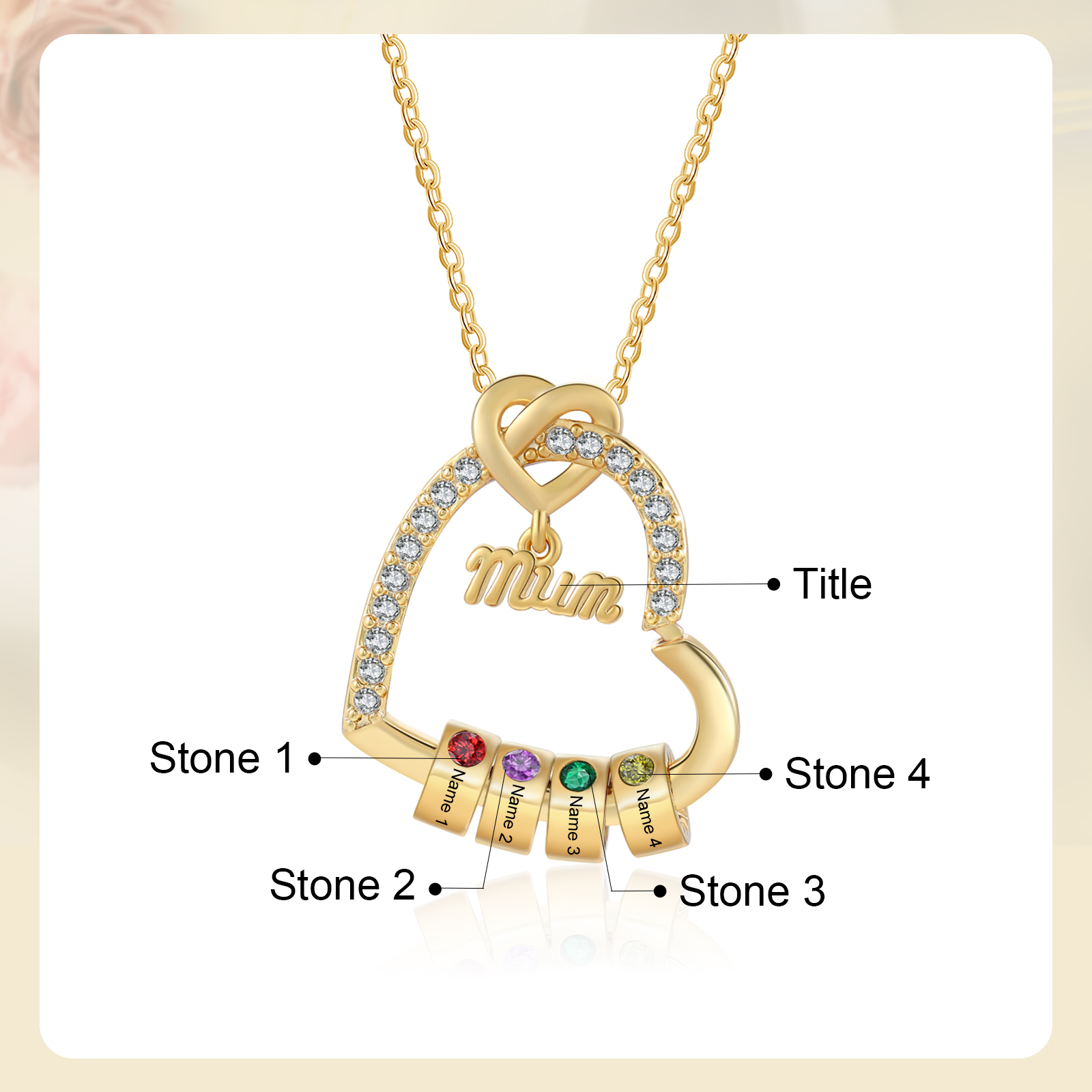 4 Names & Birthstone - Personalized Mother’s Day Necklace with Name, Title & Birthstone - Heart Pendant for Mom, Grandma - Mother's Day