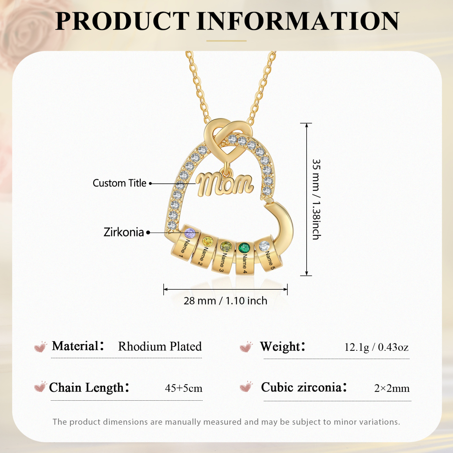 5 Names & Birthstone - Personalized Mother’s Day Necklace with Name, Title & Birthstone - Heart Pendant for Mom, Grandma - Mother's Day