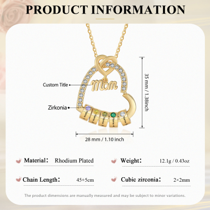 5 Names & Birthstone - Personalized Mother’s Day Necklace with Name, Title & Birthstone - Heart Pendant for Mom, Grandma - Mother's Day
