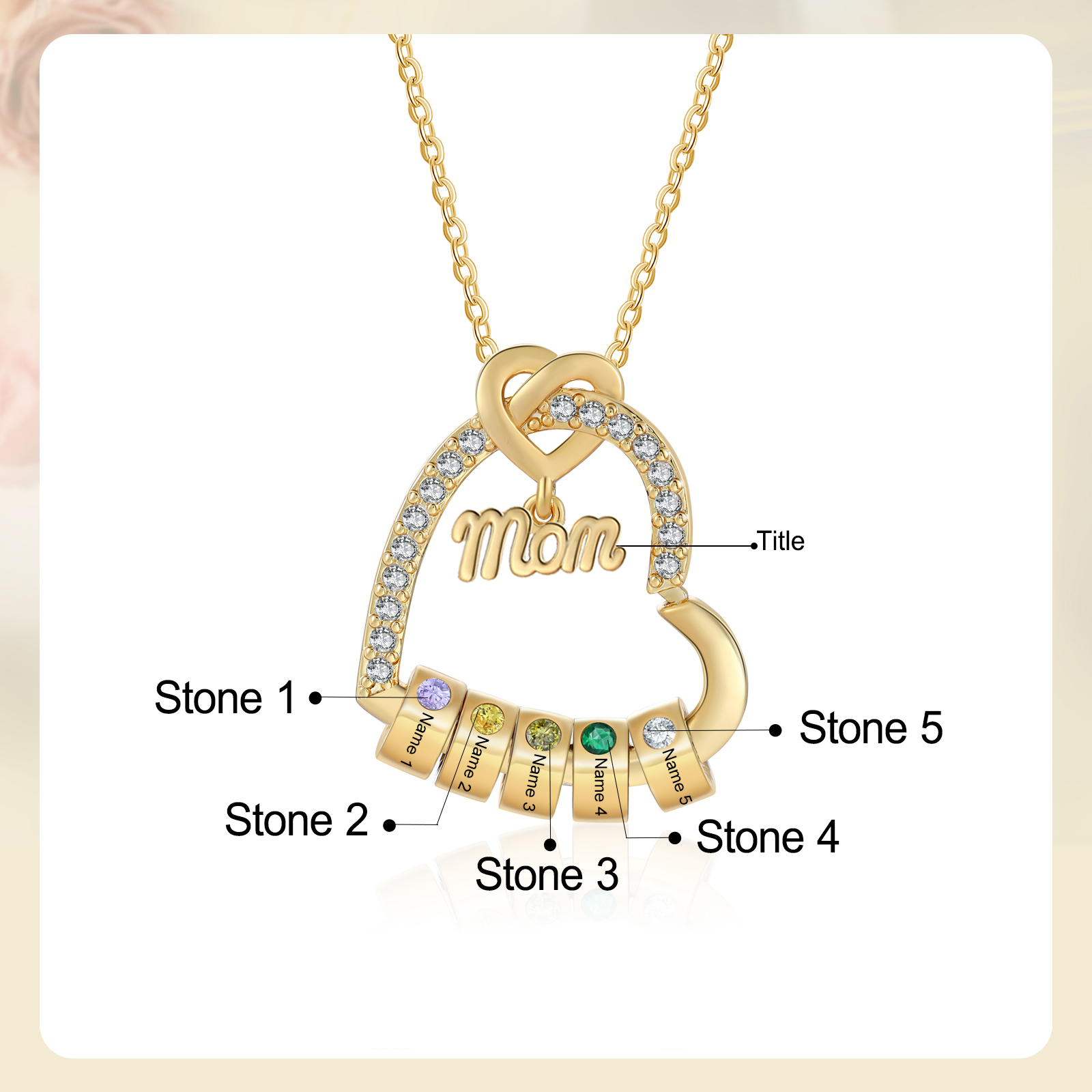 5 Names & Birthstone - Personalized Mother’s Day Necklace with Name, Title & Birthstone - Heart Pendant for Mom, Grandma - Mother's Day