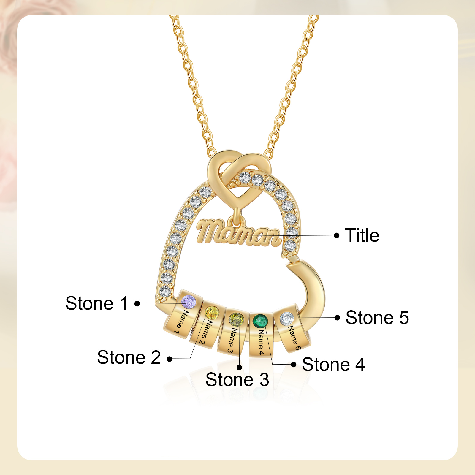 5 Names & Birthstone - Personalized Mother’s Day Necklace with Name, Title & Birthstone - Heart Pendant for Mom, Grandma - Mother's Day
