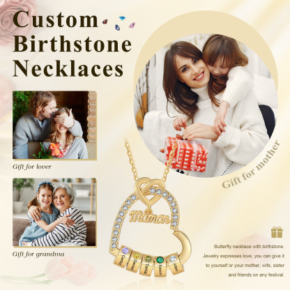 5 Names & Birthstone - Personalized Mother’s Day Necklace with Name, Title & Birthstone - Heart Pendant for Mom, Grandma - Mother's Day