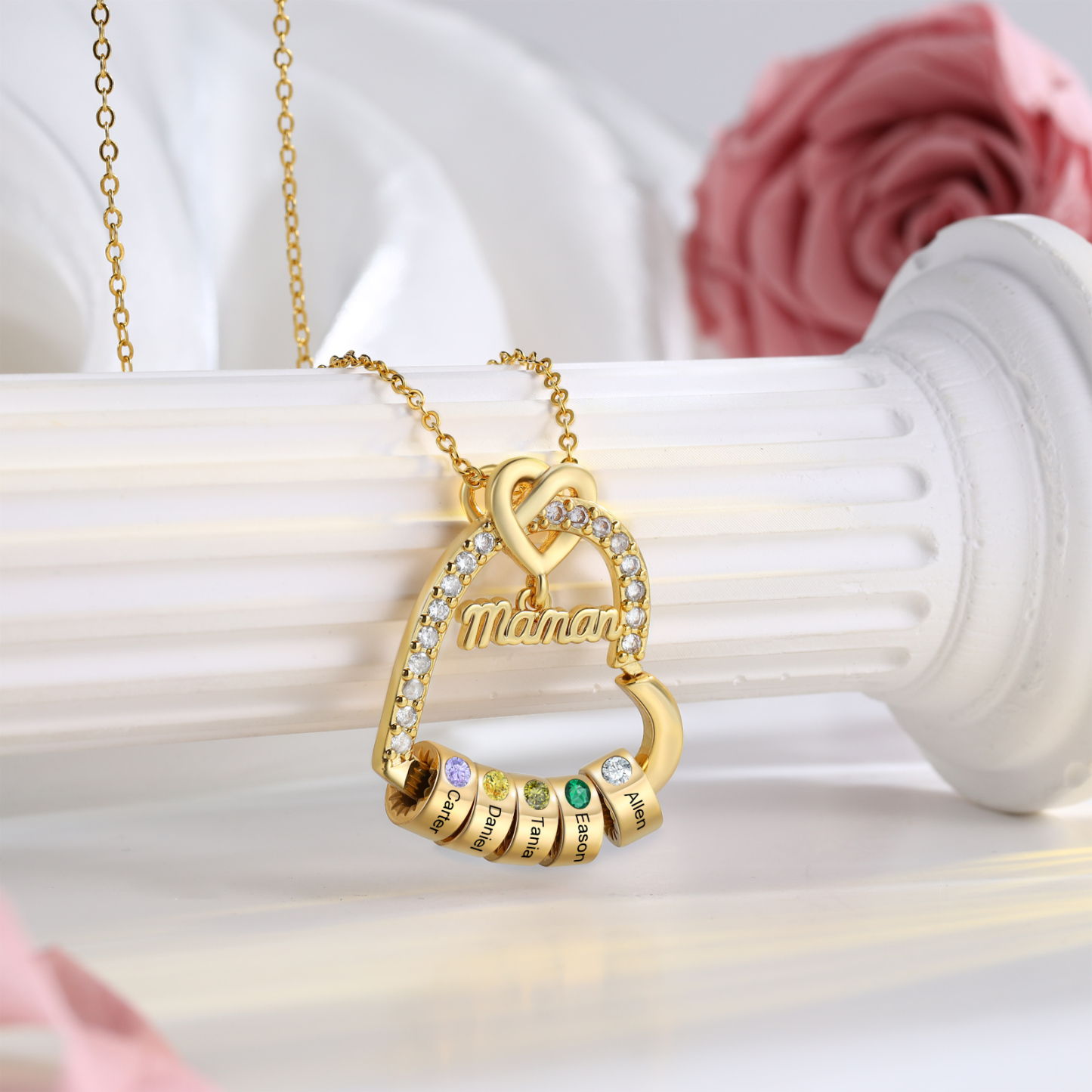 5 Names & Birthstone - Personalized Mother’s Day Necklace with Name, Title & Birthstone - Heart Pendant for Mom, Grandma - Mother's Day
