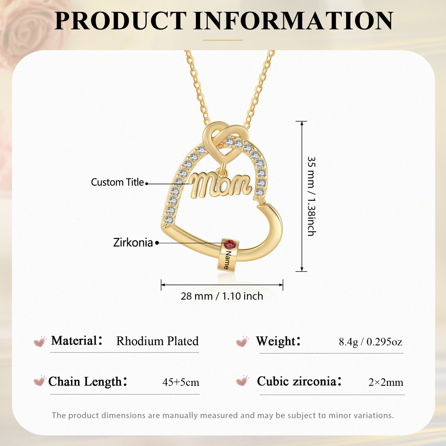 1 Name & Birthstone - Personalized Mother’s Day Necklace with Name, Title & Birthstone - Heart Pendant for Mom, Grandma - Mother's Day