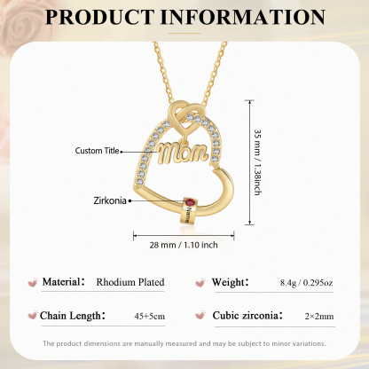1 Name & Birthstone - Personalized Mother’s Day Necklace with Name, Title & Birthstone - Heart Pendant for Mom, Grandma - Mother's Day