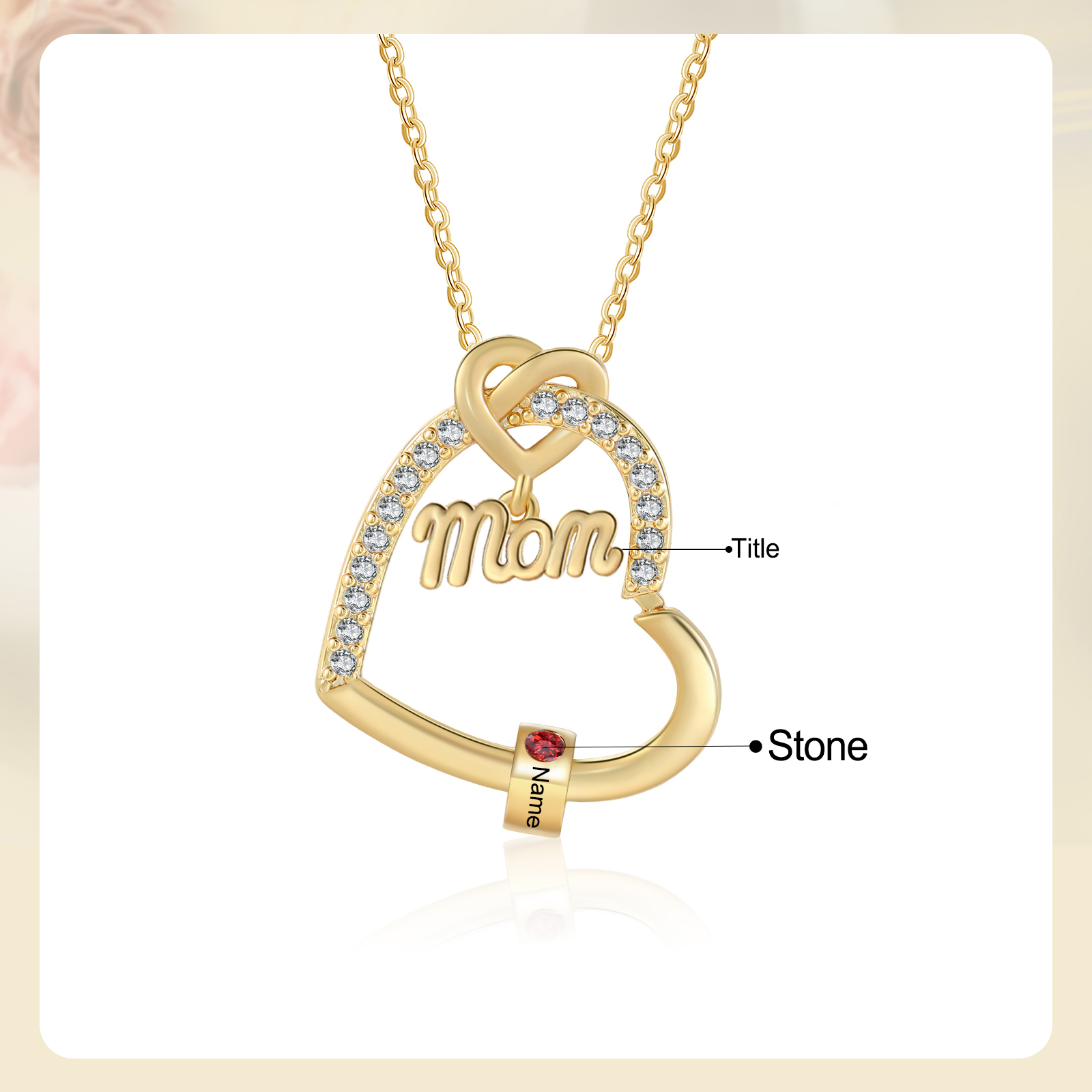 1 Name & Birthstone - Personalized Mother’s Day Necklace with Name, Title & Birthstone - Heart Pendant for Mom, Grandma - Mother's Day