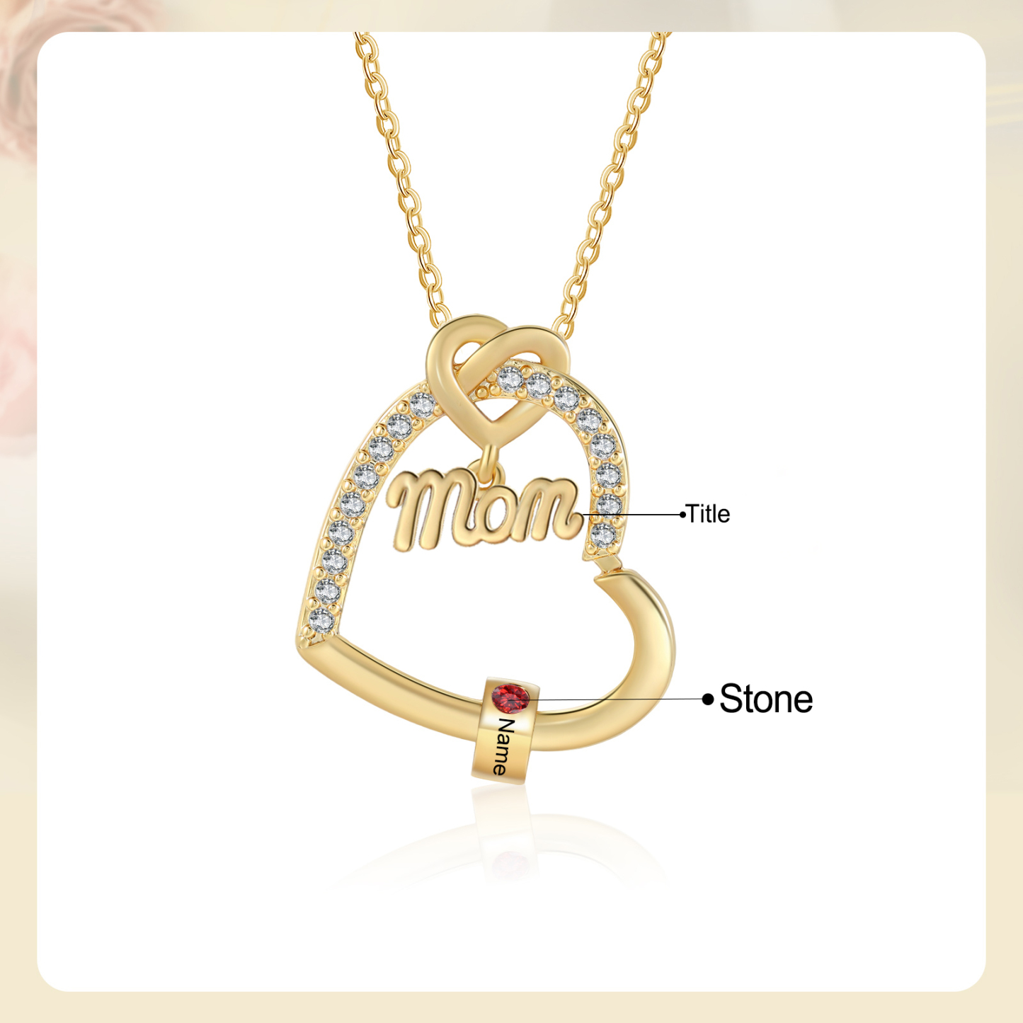 1 Name & Birthstone - Personalized Mother’s Day Necklace with Name, Title & Birthstone - Heart Pendant for Mom, Grandma - Mother's Day
