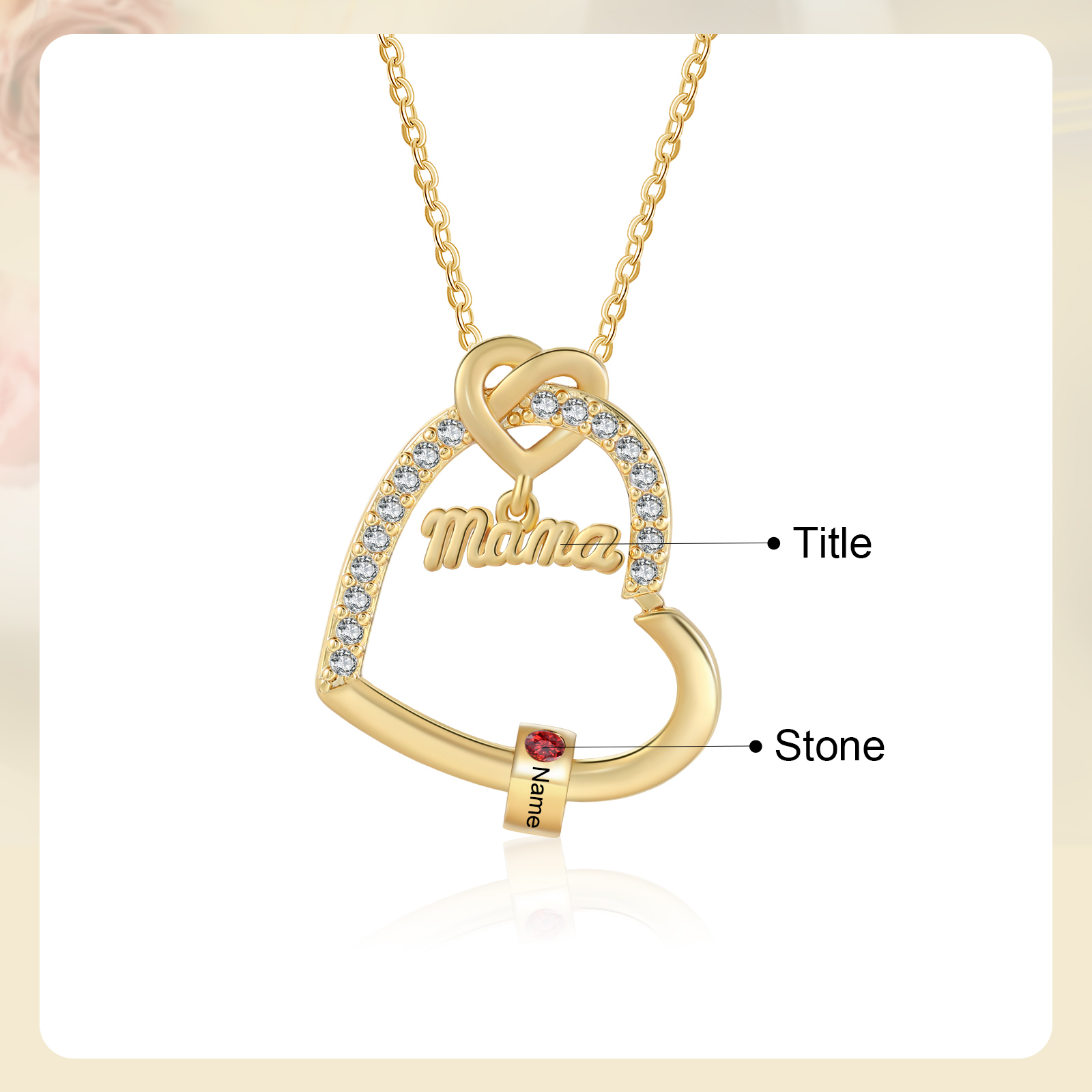 1 Name & Birthstone - Personalized Mother’s Day Necklace with Name, Title & Birthstone - Heart Pendant for Mom, Grandma - Mother's Day