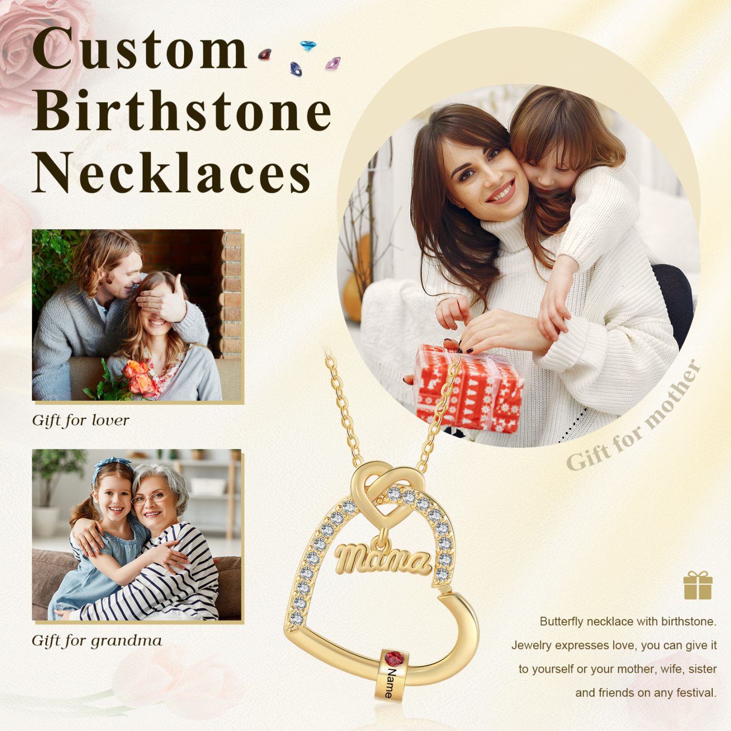 1 Name & Birthstone - Personalized Mother’s Day Necklace with Name, Title & Birthstone - Heart Pendant for Mom, Grandma - Mother's Day