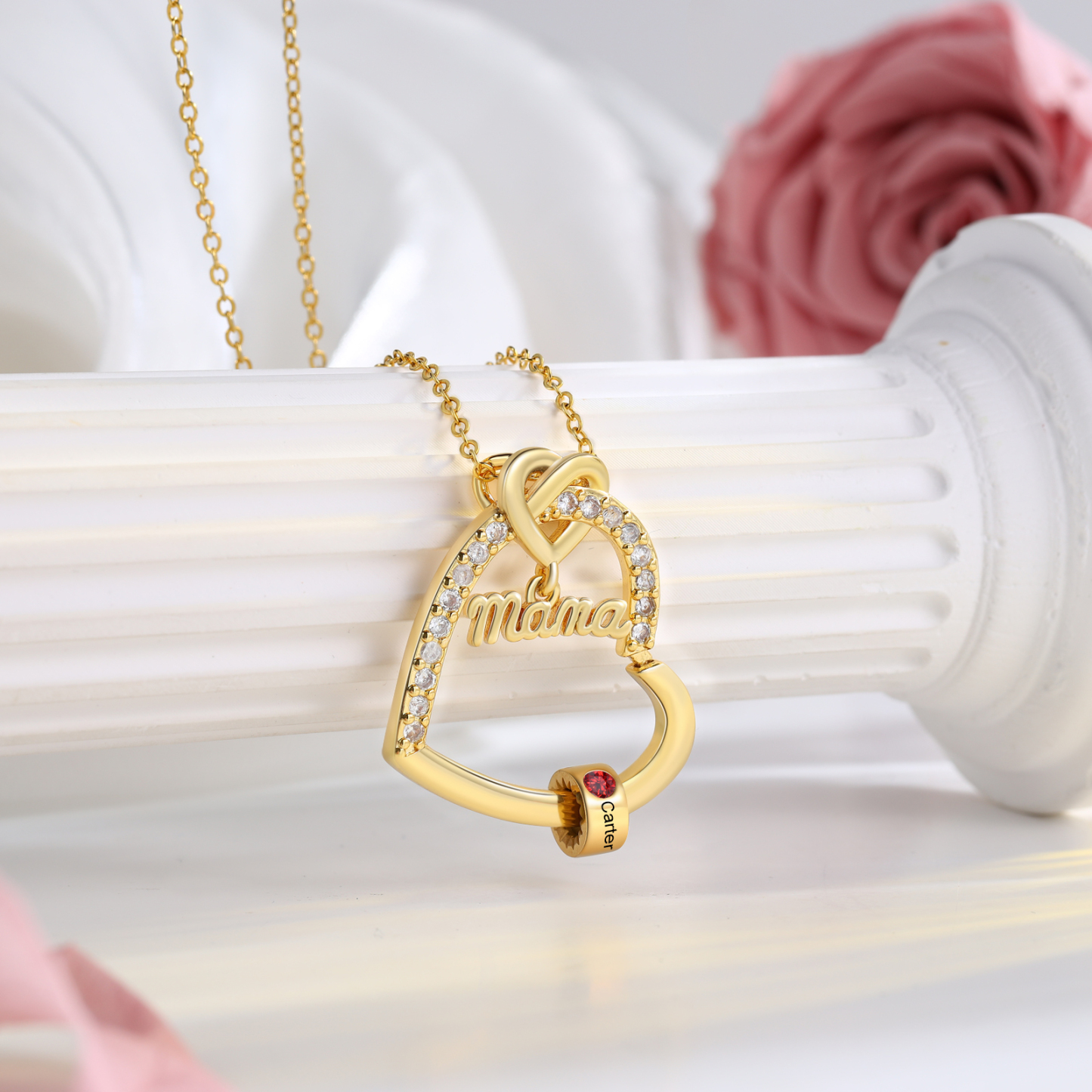 1 Name & Birthstone - Personalized Mother’s Day Necklace with Name, Title & Birthstone - Heart Pendant for Mom, Grandma - Mother's Day