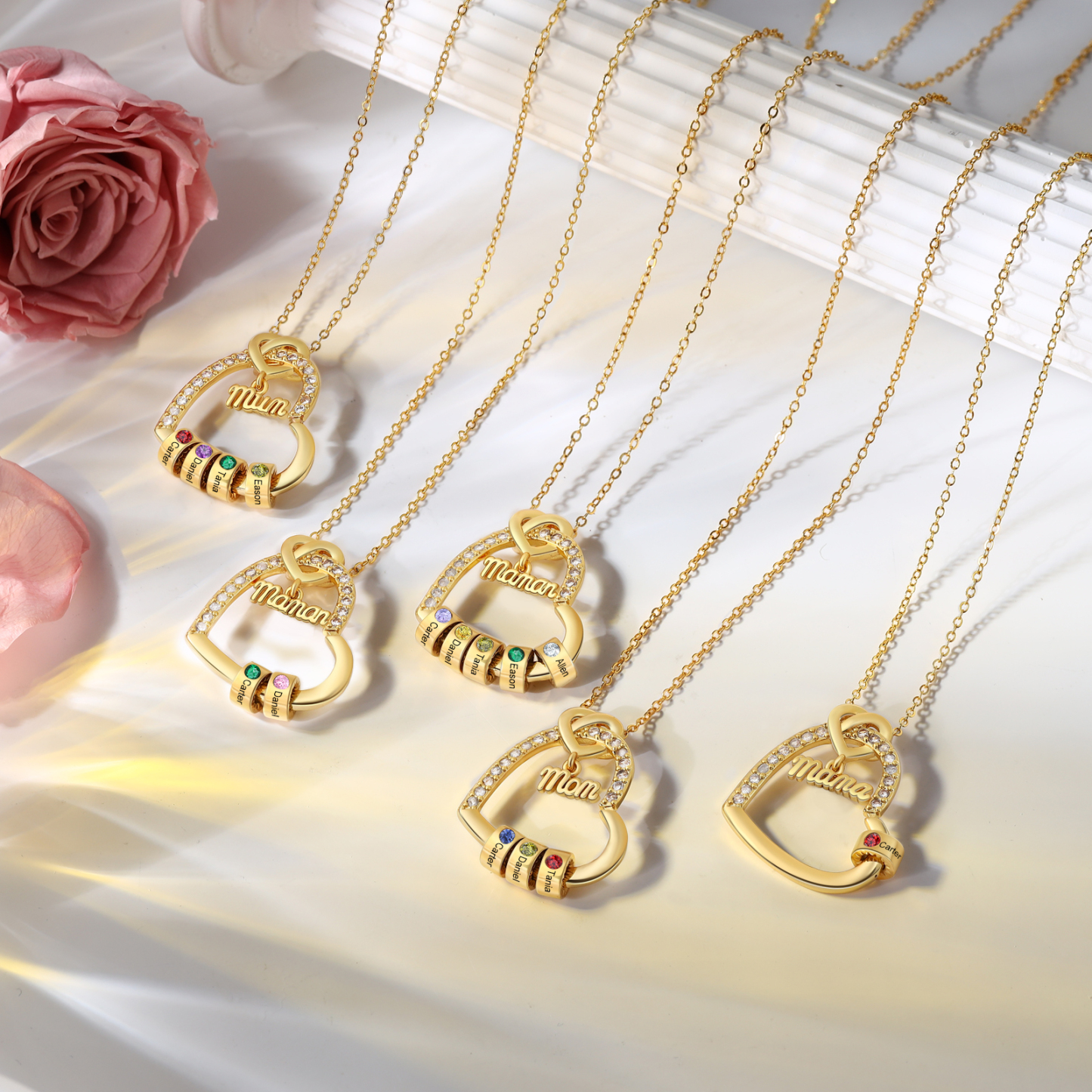5 Names & Birthstone - Personalized Mother’s Day Necklace with Name, Title & Birthstone - Heart Pendant for Mom, Grandma - Mother's Day