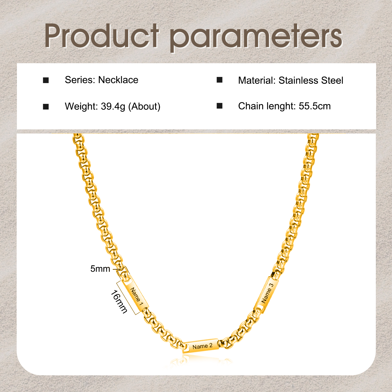 3 names - Personalized Engraved Bar necklace – Unique Name Bar Stainless Steel Chain for Dad