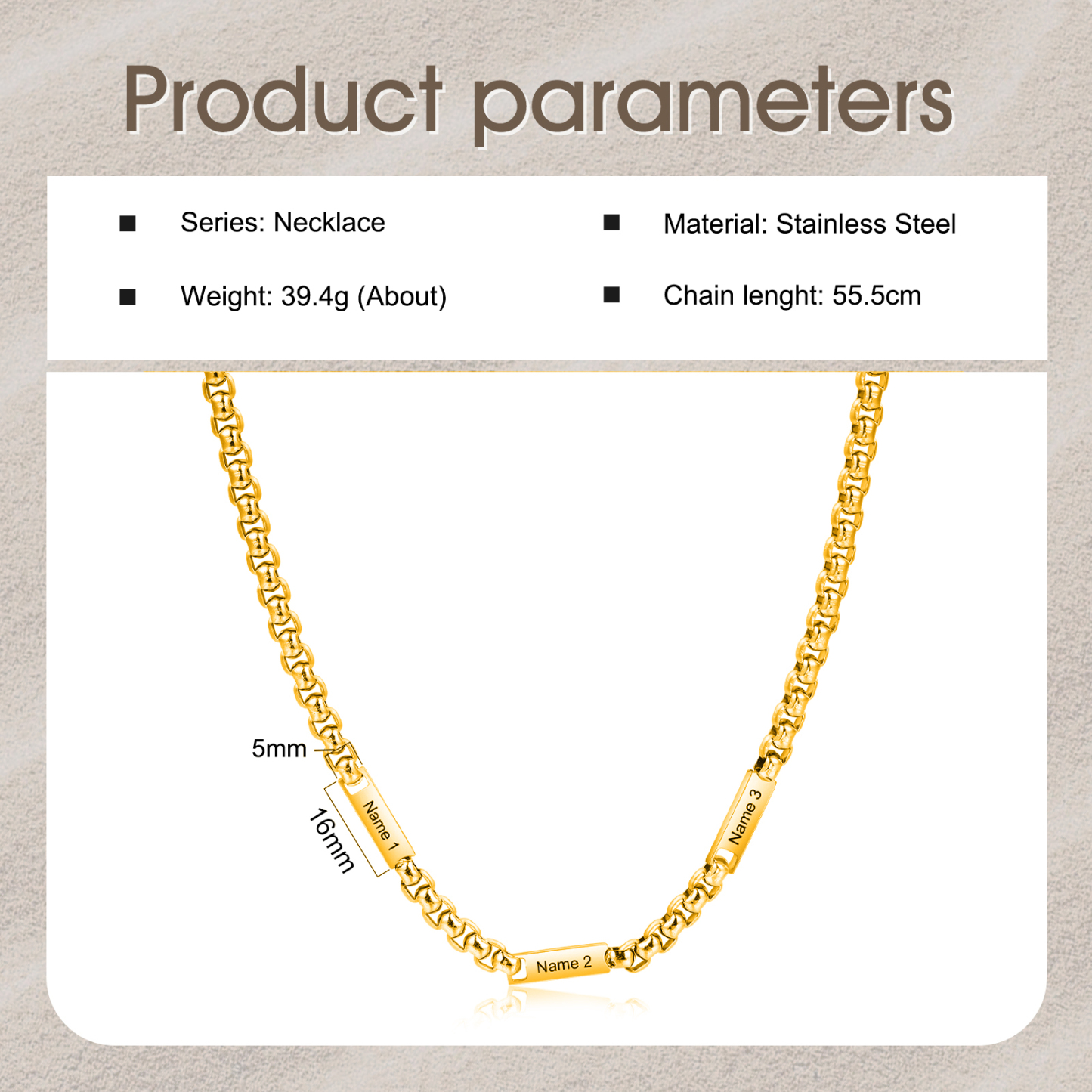 3 names - Personalized Engraved Bar necklace – Unique Name Bar Stainless Steel Chain for Dad