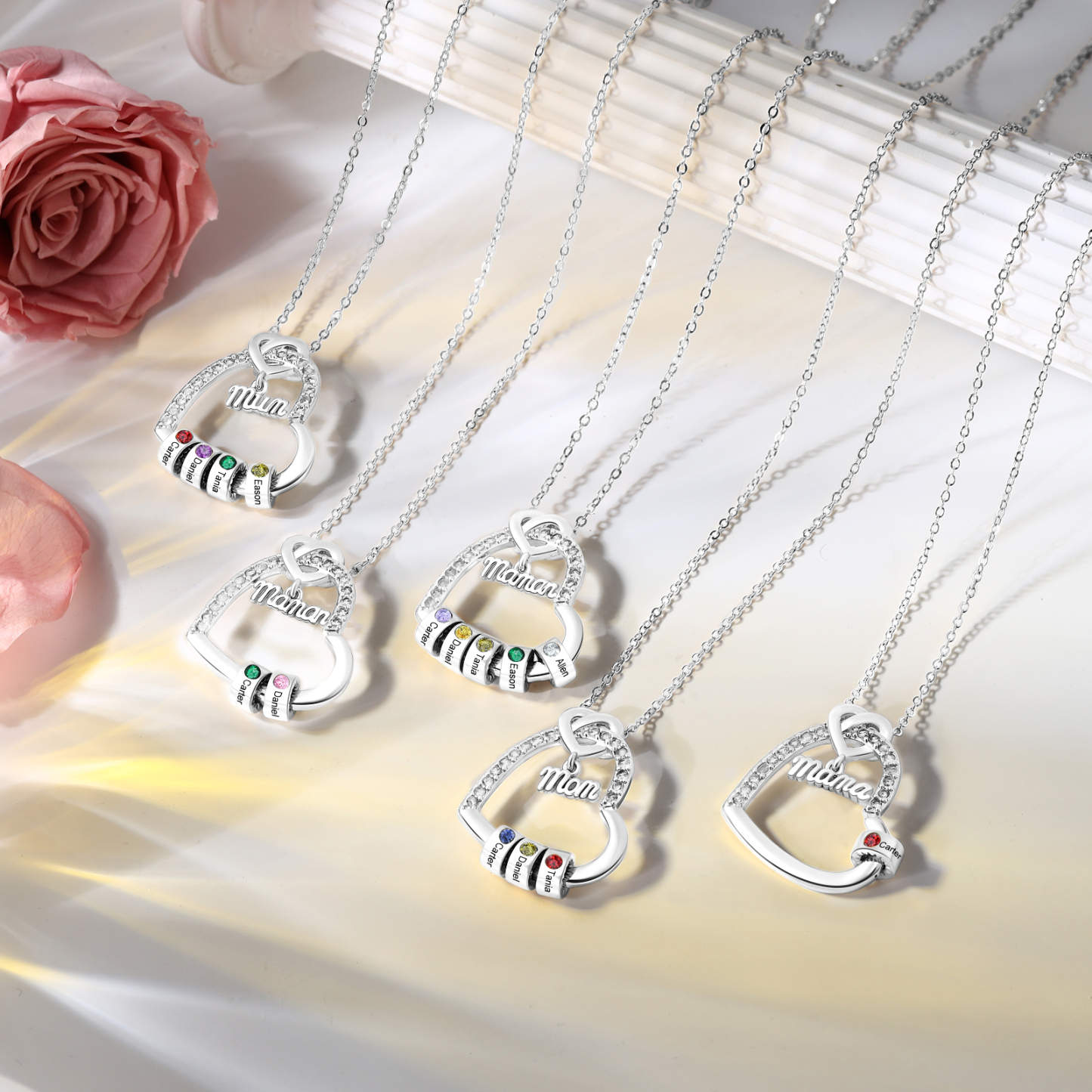 Personalized Heart Necklace for Mom with 1-5 Names and Birthstones – Custom Mother’s Day Pendant with Name, Title & Birthstone Gift for Mom or Grandma