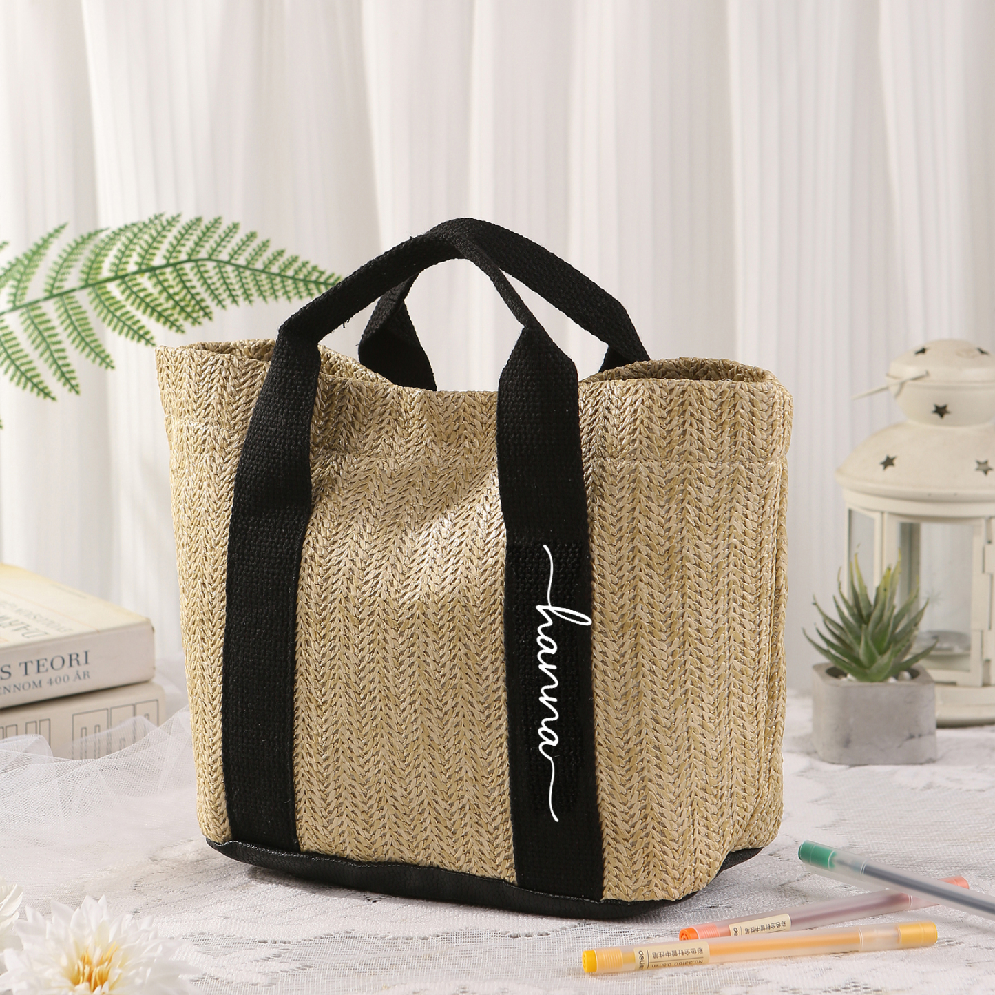 Personalized Straw Tote Bag with Custom Name – Choose from 5 Fonts & 3 Colors – Custom Gift for Mom, Teacher, Friends