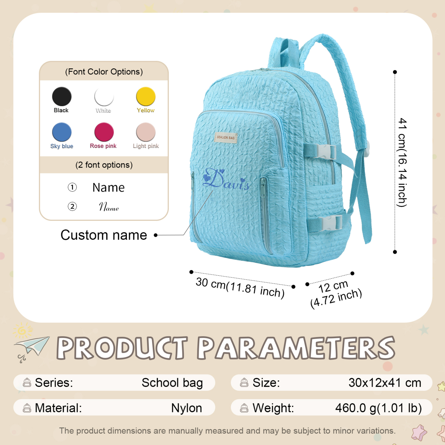 Personalized Children’s School Bag – Multiple Color & Font Choices & Custom Name - Large Capacity Backpack