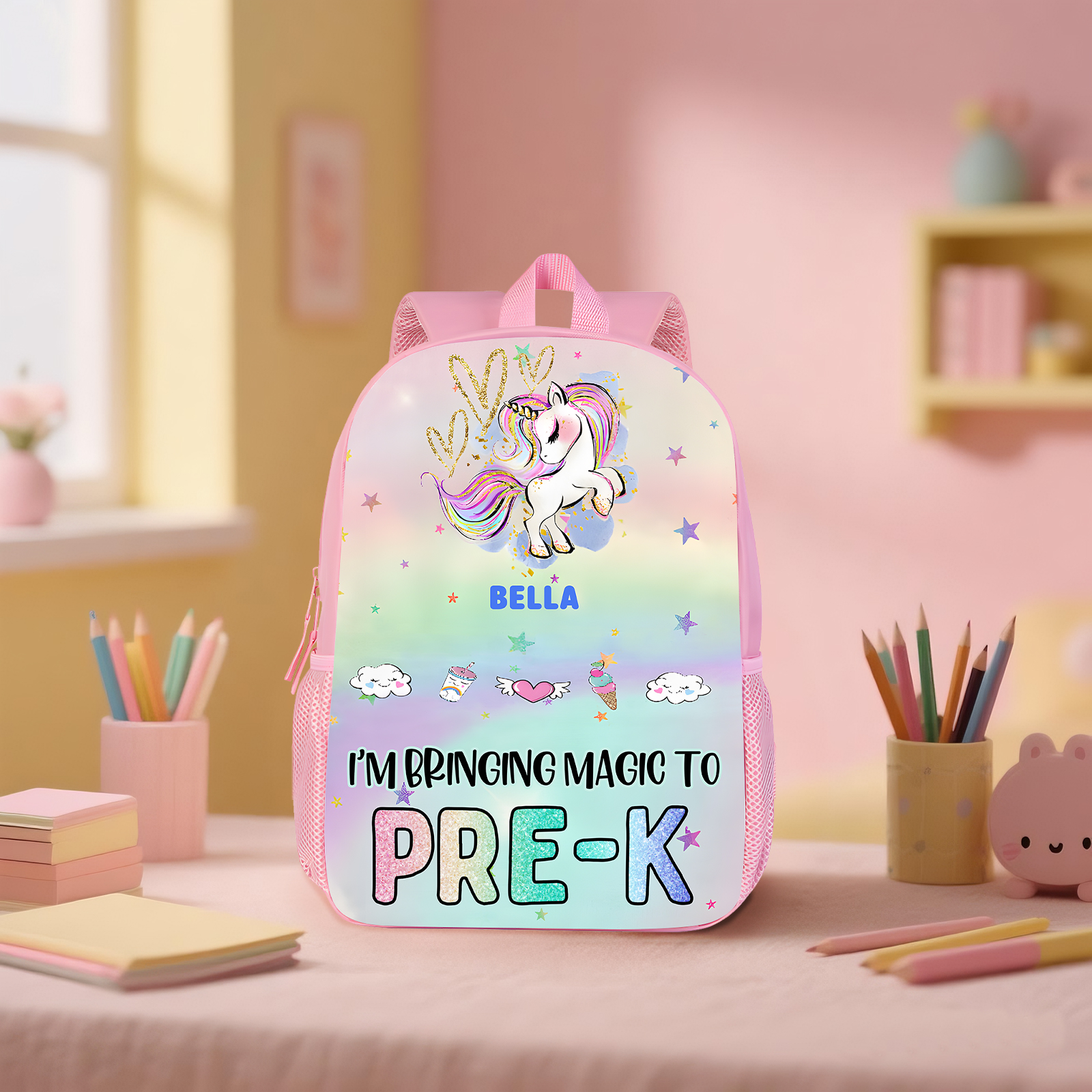 Personalized Kid's School Bag – Rainbow Unicorn Backpack, Motivational Pre-K Design