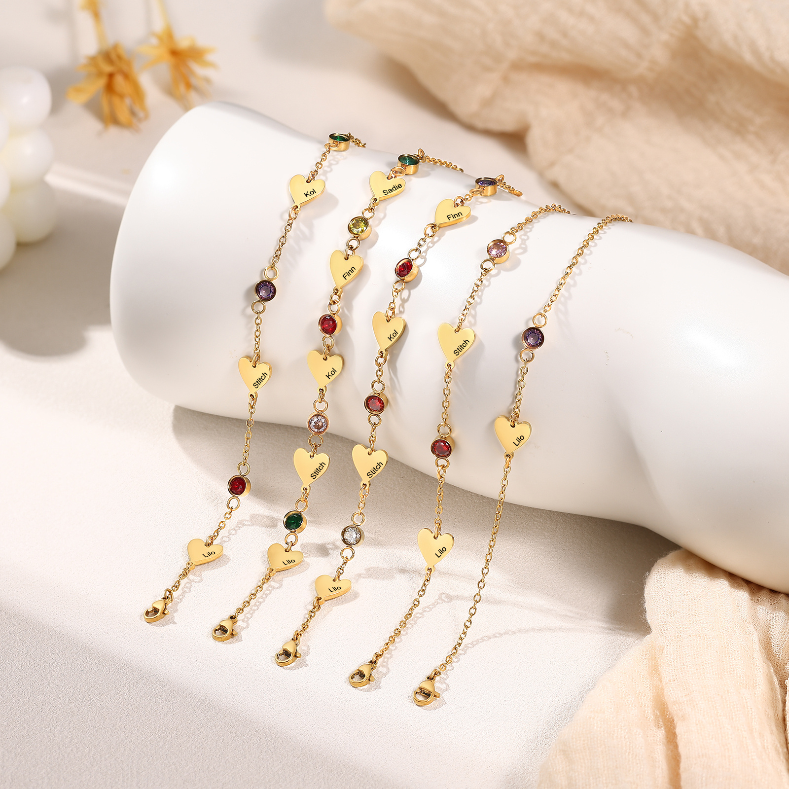 Personalized 1-5 Names Gold Heart Birthstone Chain Bracelet