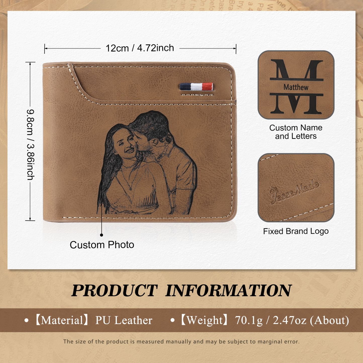 Personalized 2 Texts & 2 Photos & 1 Name & 1 Letter Gift Set Custom Wallet & Keychain & Pen Gift Box Set Gift for Dad/Grandpa | Jessemade
