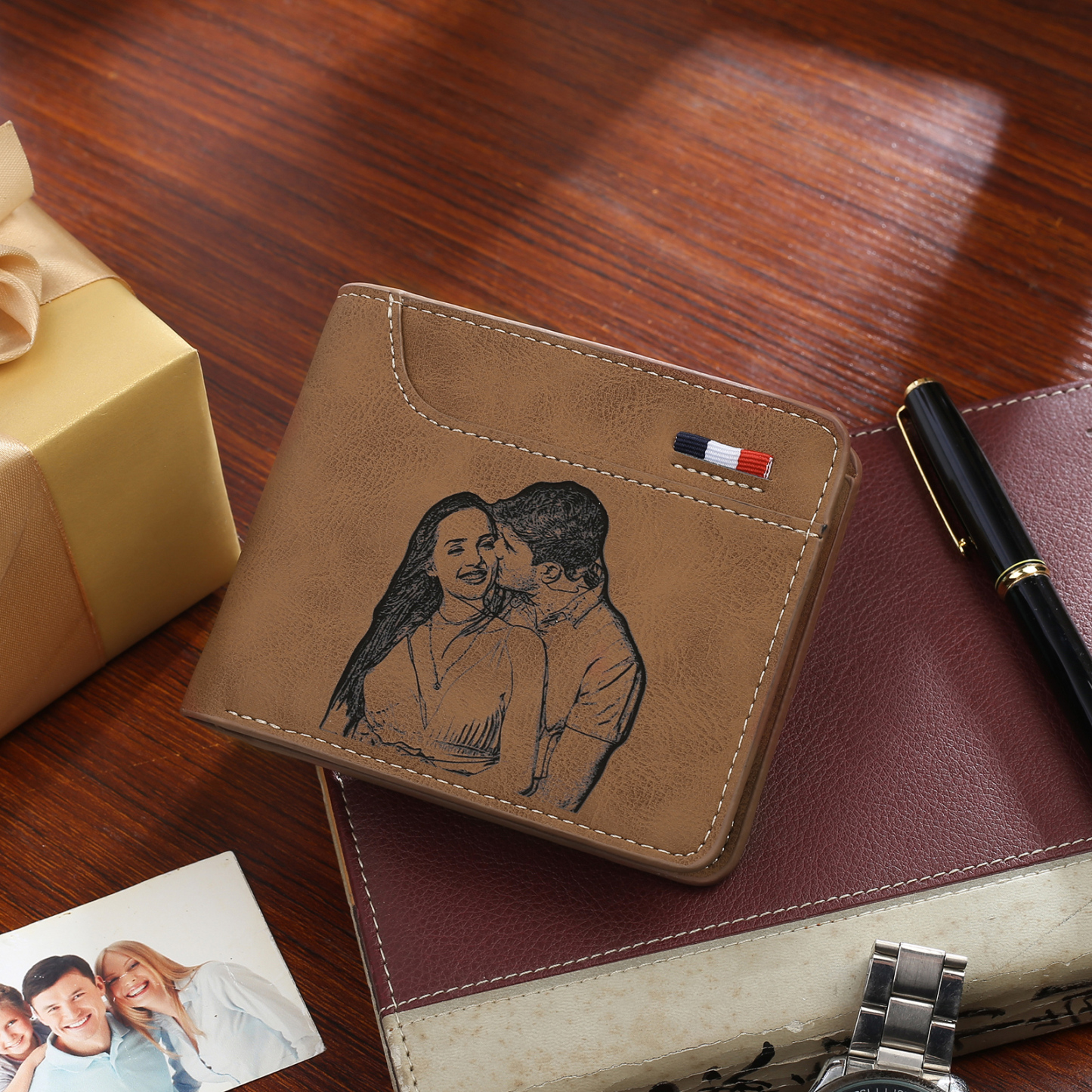 Personalized 2 Texts & 2 Photos & 1 Name & 1 Letter Gift Set Custom Wallet & Keychain & Pen Gift Box Set Gift for Dad/Grandpa | Jessemade