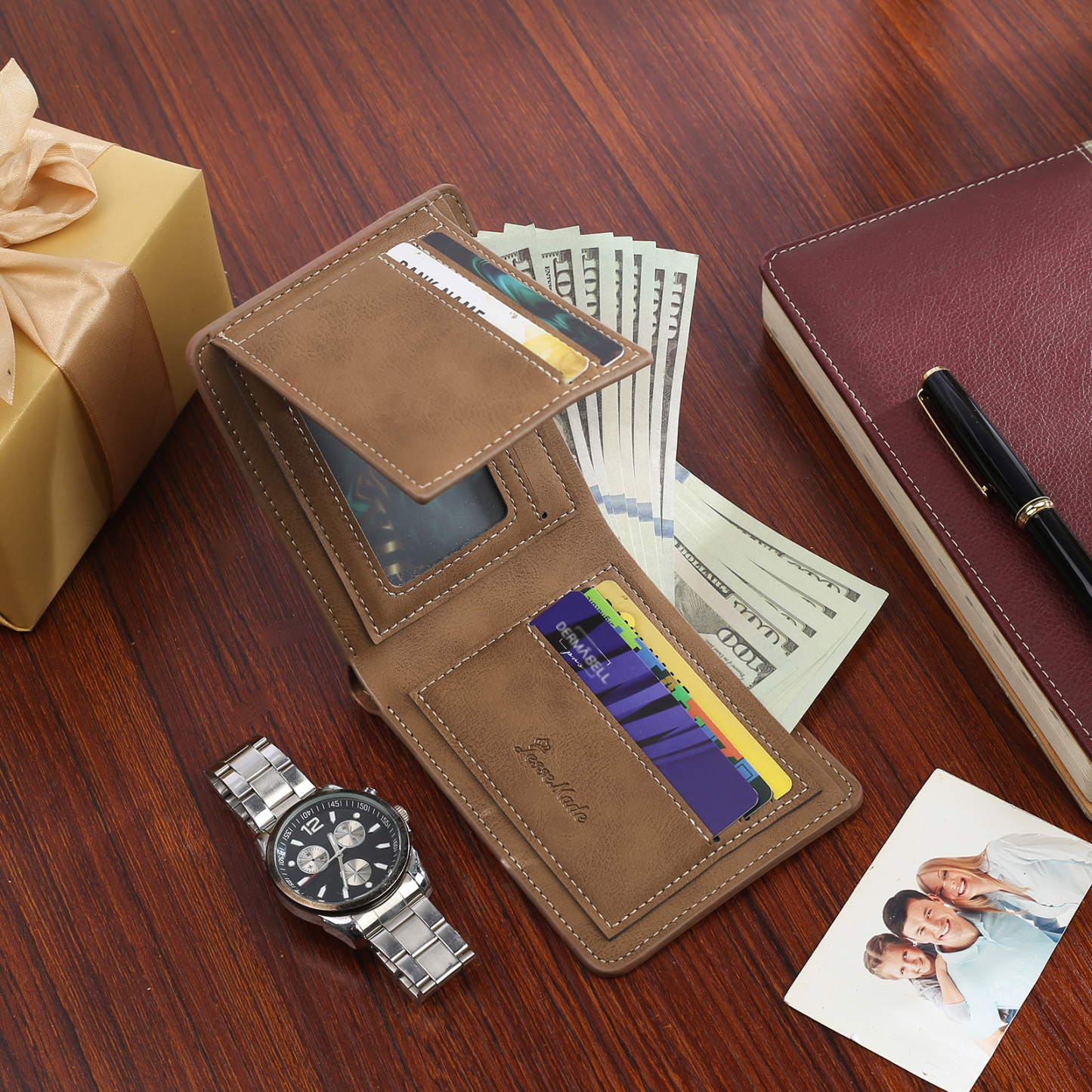 Personalized 2 Texts & 2 Photos & 1 Name & 1 Letter Gift Set Custom Wallet & Keychain & Pen Gift Box Set Gift for Dad/Grandpa | Jessemade