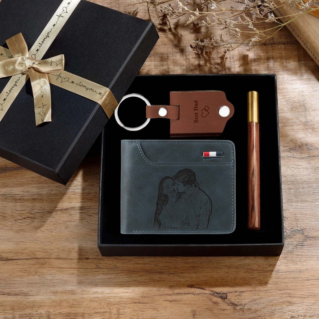 Personalized 2 Texts & 2 Photos & 1 Name & 1 Letter Gift Set Custom Wallet & Keychain & Pen Gift Box Set Gift for Dad/Grandpa | Jessemade
