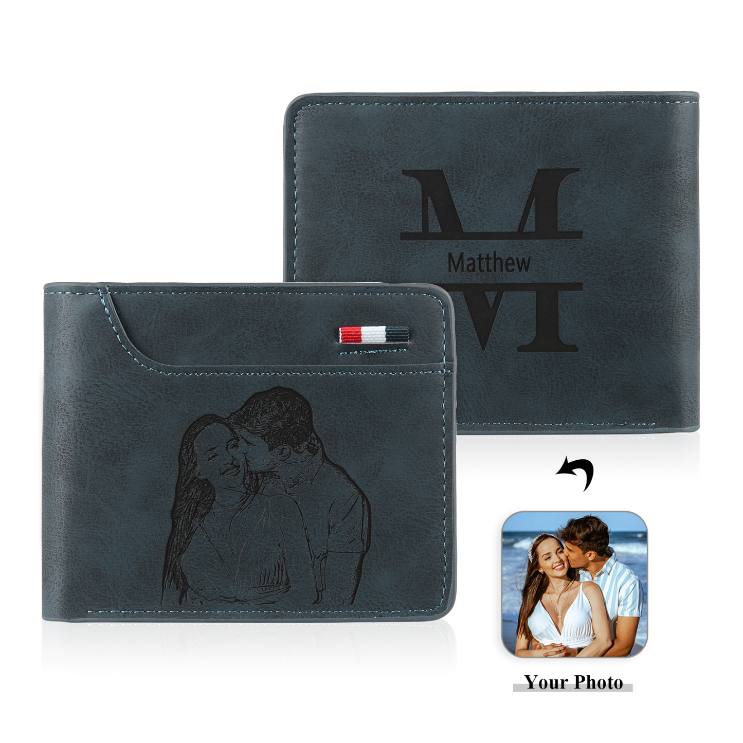 Personalized 2 Texts & 2 Photos & 1 Name & 1 Letter Gift Set Custom Wallet & Keychain & Pen Gift Box Set Gift for Dad/Grandpa | Jessemade