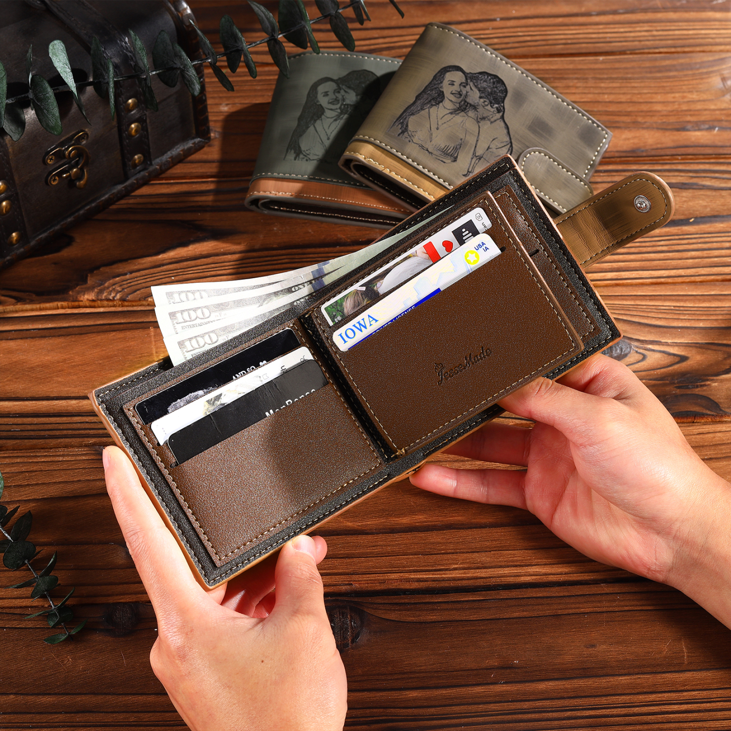 Personalised Men's Leather Wallet with Custom Photo & Name & Letter - Christmas Gift for Him | Jessemade