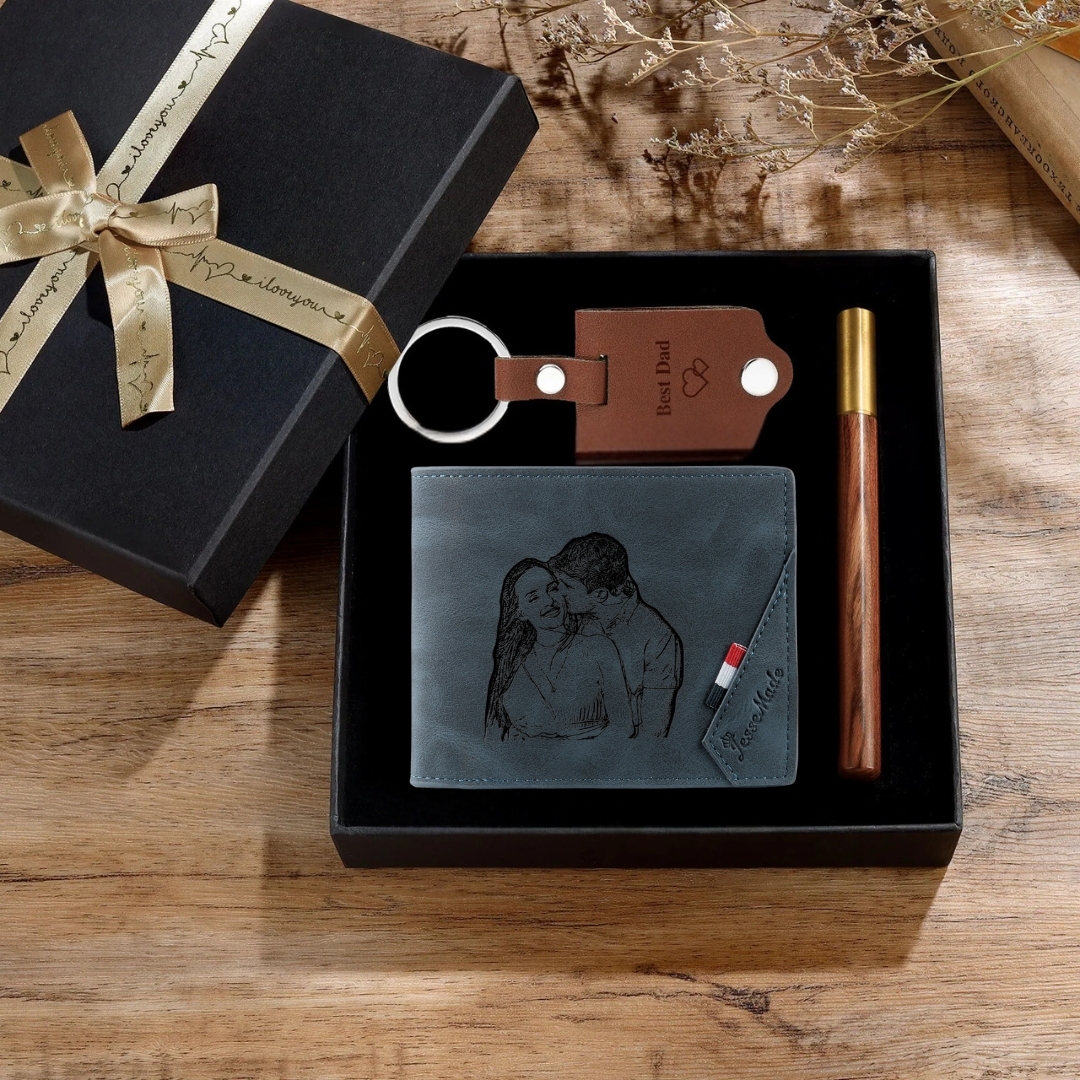 Photo Personalized Leather Wallet Gift Box Set with Keychain Customizable Letter Name Wallet Gift for Him | Jessemade