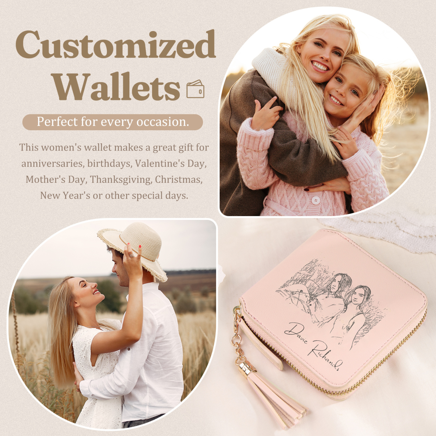 Personalized Photo and Text Pu Leather Pink Folding Women Wallet for Her